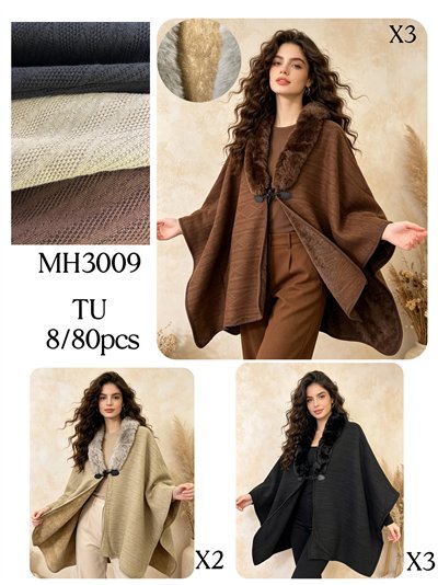 Poncho jacquard con cuello de pelo 2
