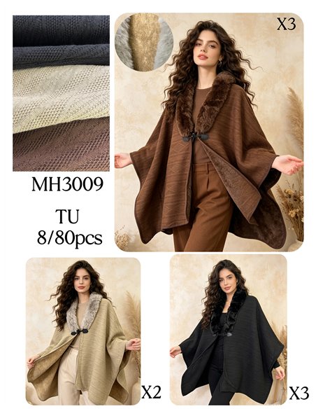 Poncho jacquard con cuello de pelo