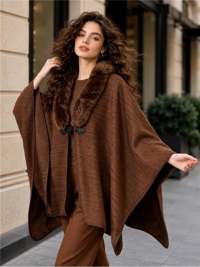 Poncho jacquard con cuello de pelo
