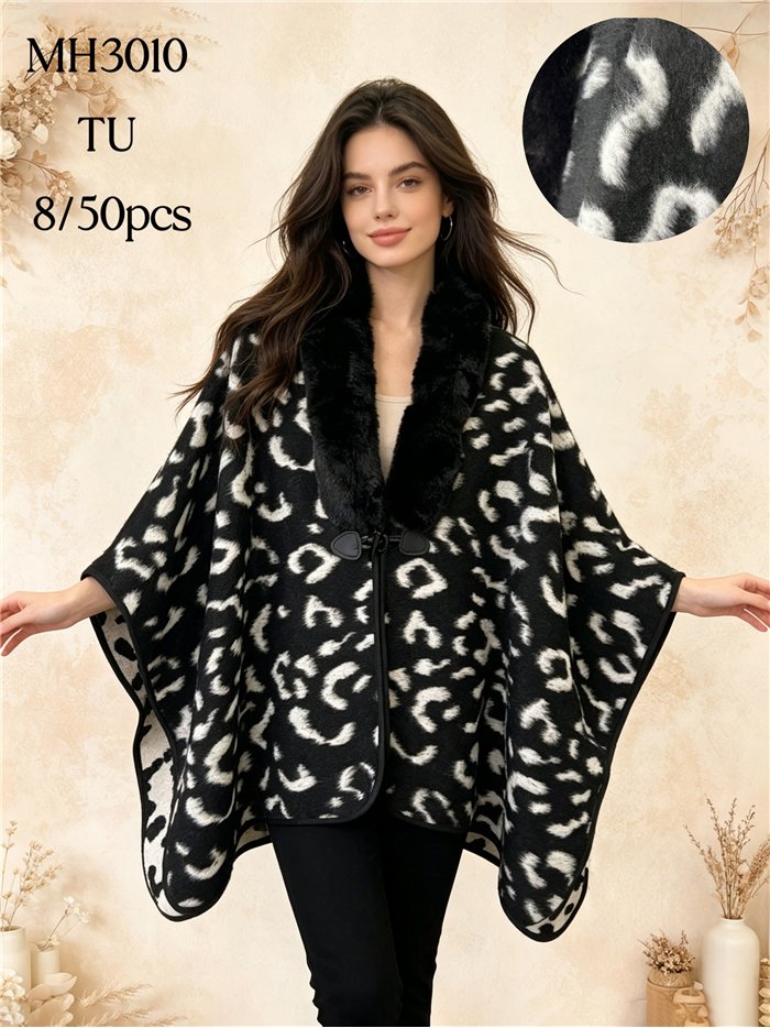 Poncho mit Tiermuster und Pelzkragen