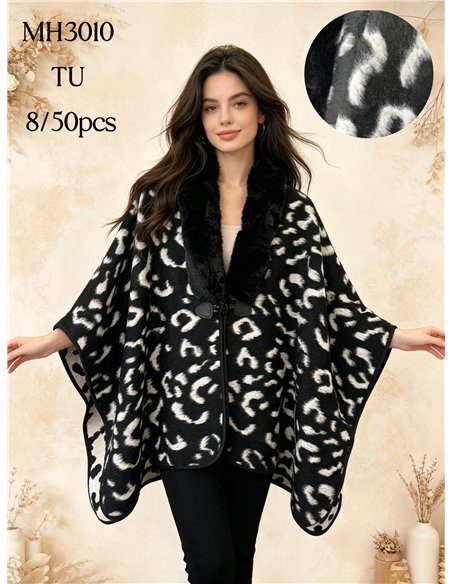 Poncho mit Tiermuster und Pelzkragen