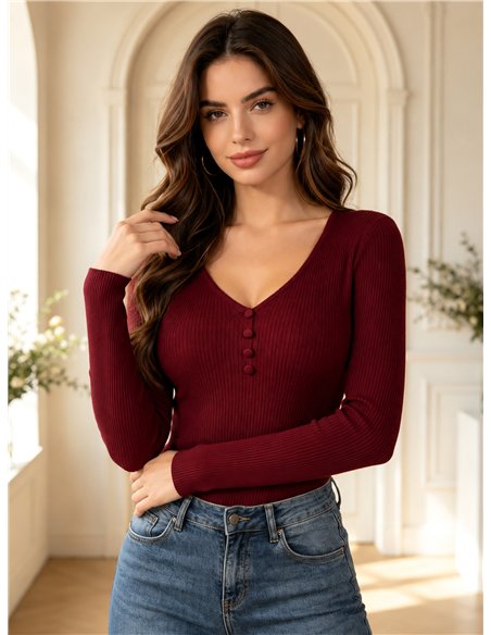 Jersey canalé cuello pico con botones
