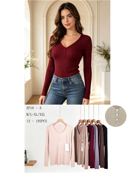 Jersey canalé cuello pico con botones