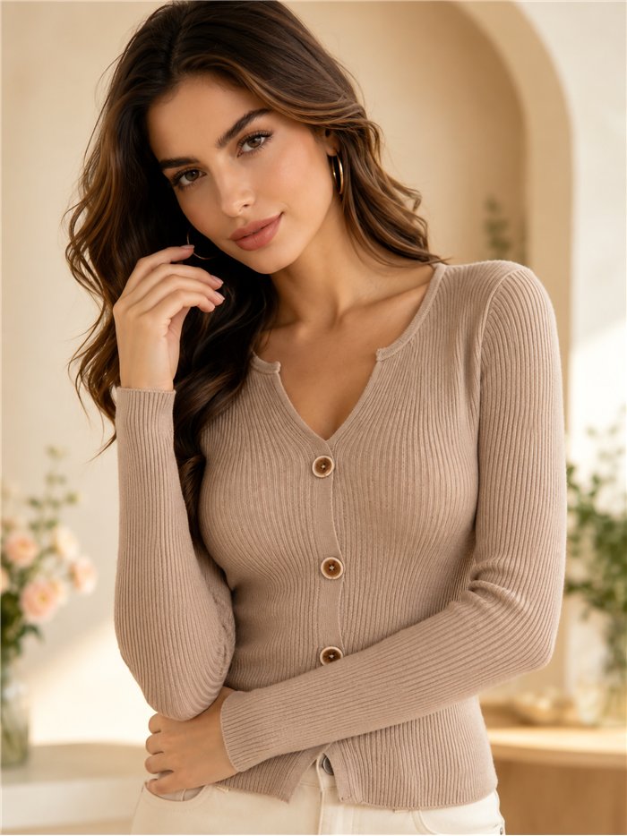 Jersey cuello pico canalé con botones delanteros