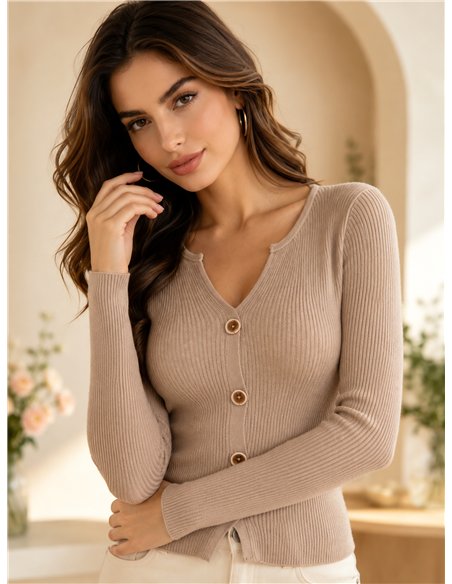 Jersey cuello pico canalé con botones delanteros