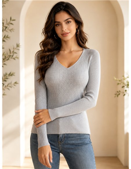Jersey básico canalé cuello pico