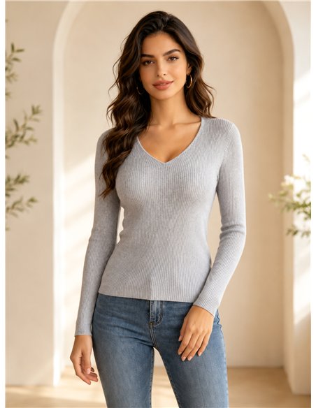 Jersey básico canalé cuello pico