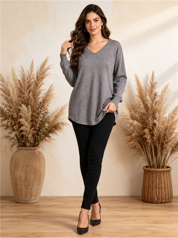 Jersey amplio cuello pico con strass
