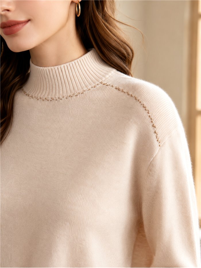 Jersey cuello alto con strass