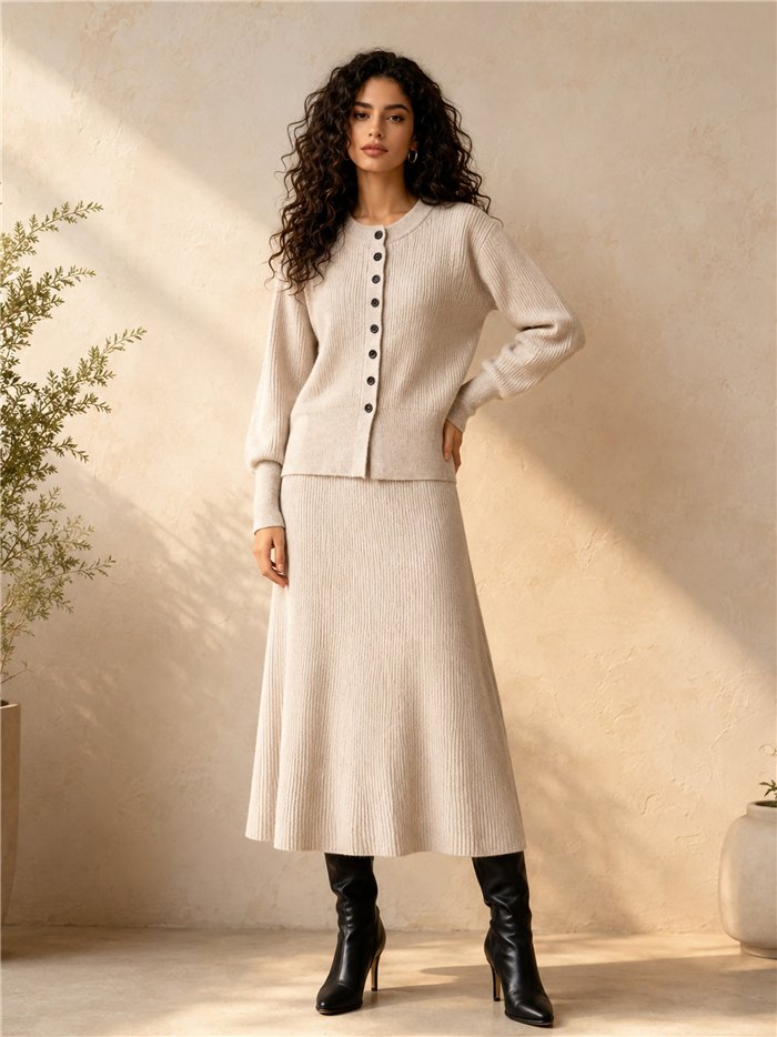 Conjunto cárdigan canalé con y botones y falda midi