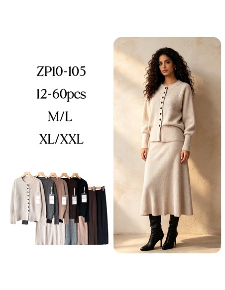 Conjunto cárdigan canalé con y botones y falda midi