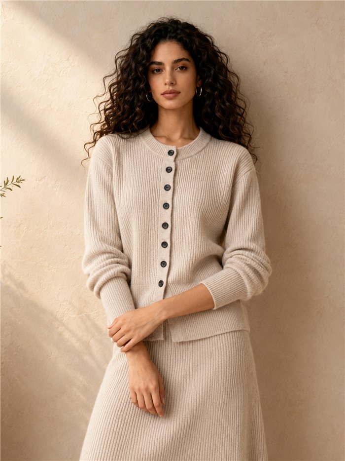 Conjunto cárdigan canalé con y botones y falda midi
