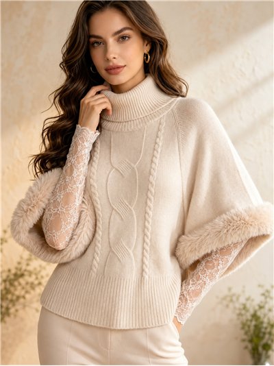 Poncho de punto con manga pelo