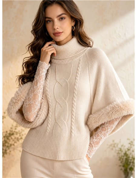 Poncho de punto con manga pelo