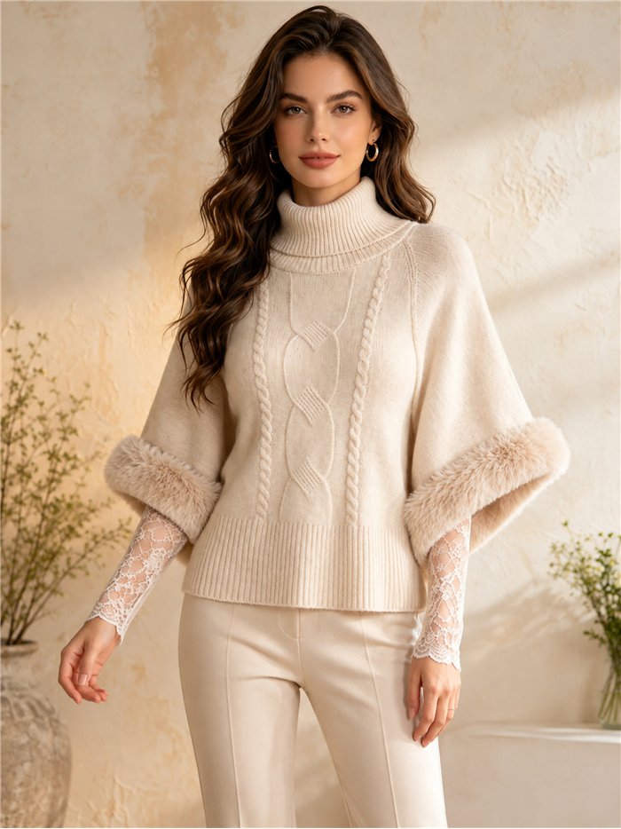 Poncho de punto con manga pelo