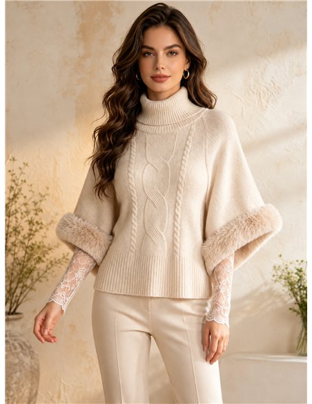 Poncho de punto con manga pelo