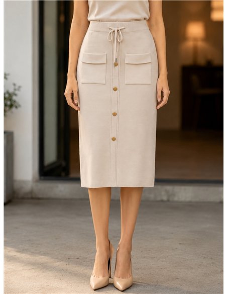 Falda midi de punto con botones y bolsillos