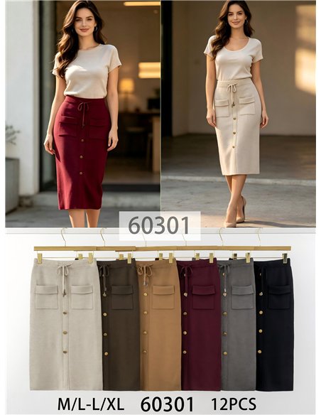 Falda midi de punto con botones y bolsillos