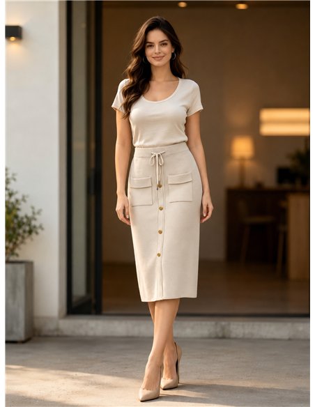 Falda midi de punto con botones y bolsillos
