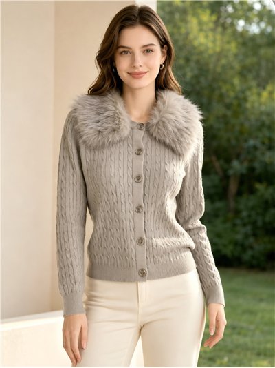Chaqueta de punto trenzado con cuello pelo
