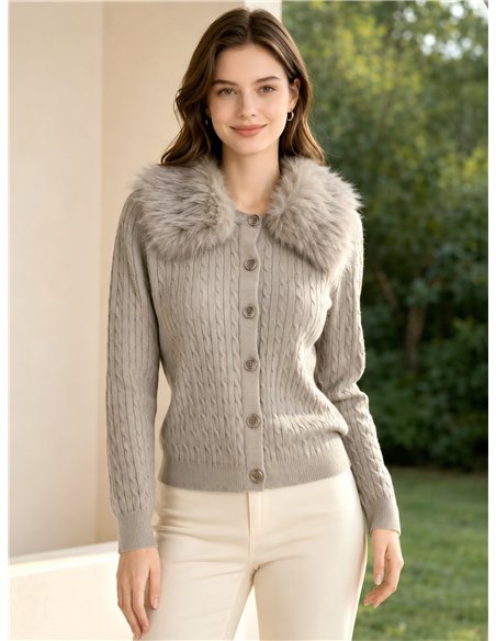 Chaqueta de punto trenzado con cuello pelo