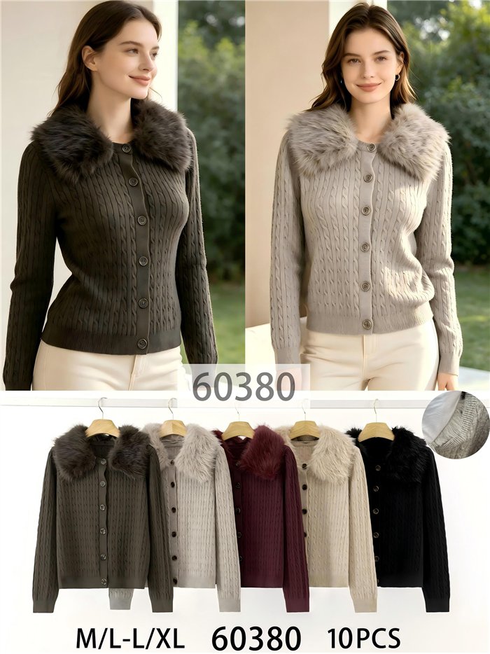 Chaqueta de punto trenzado con cuello pelo