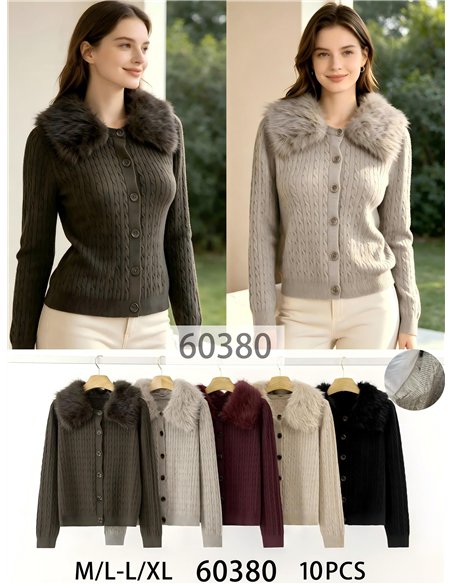 Chaqueta de punto trenzado con cuello pelo