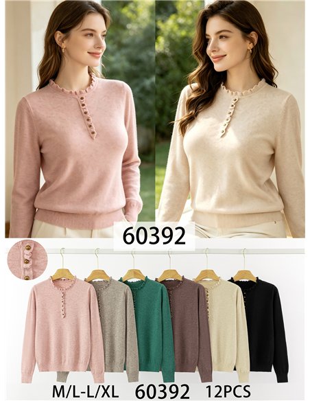 Jersey de punto fino con cuello volante y botones