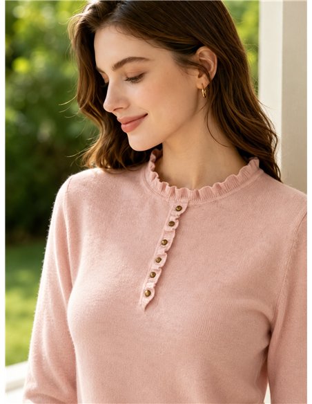 Jersey de punto fino con cuello volante y botones