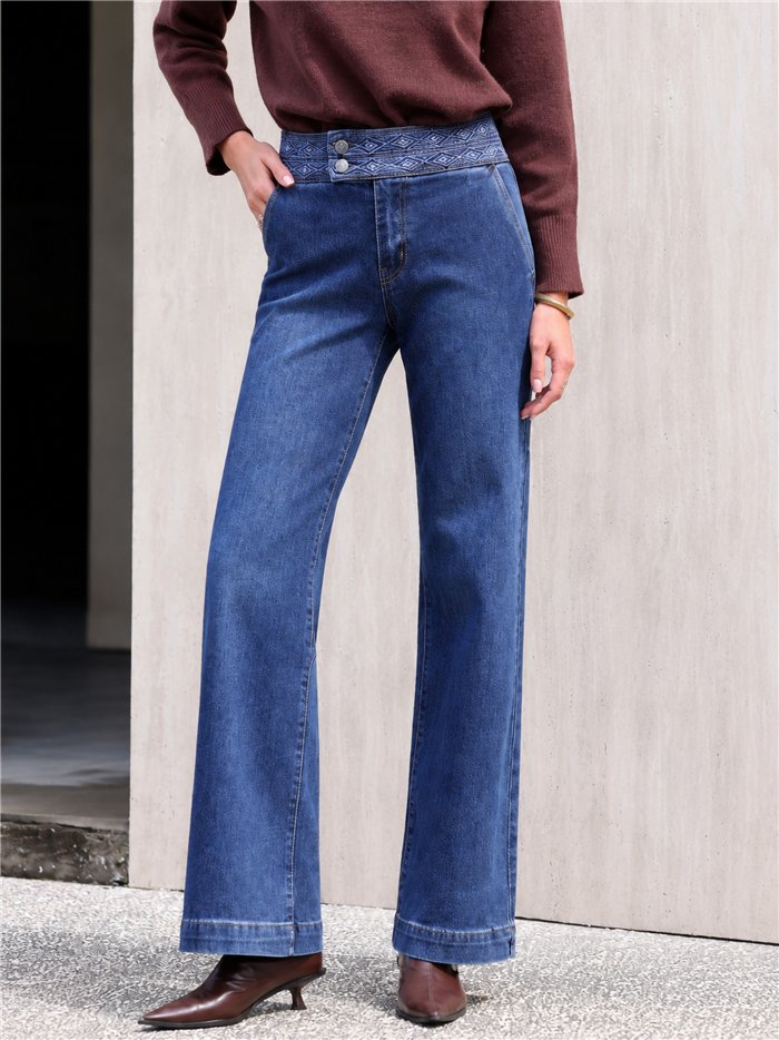 Wide leg jeans with embroidered waistband