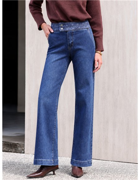 Wide leg jeans with embroidered waistband