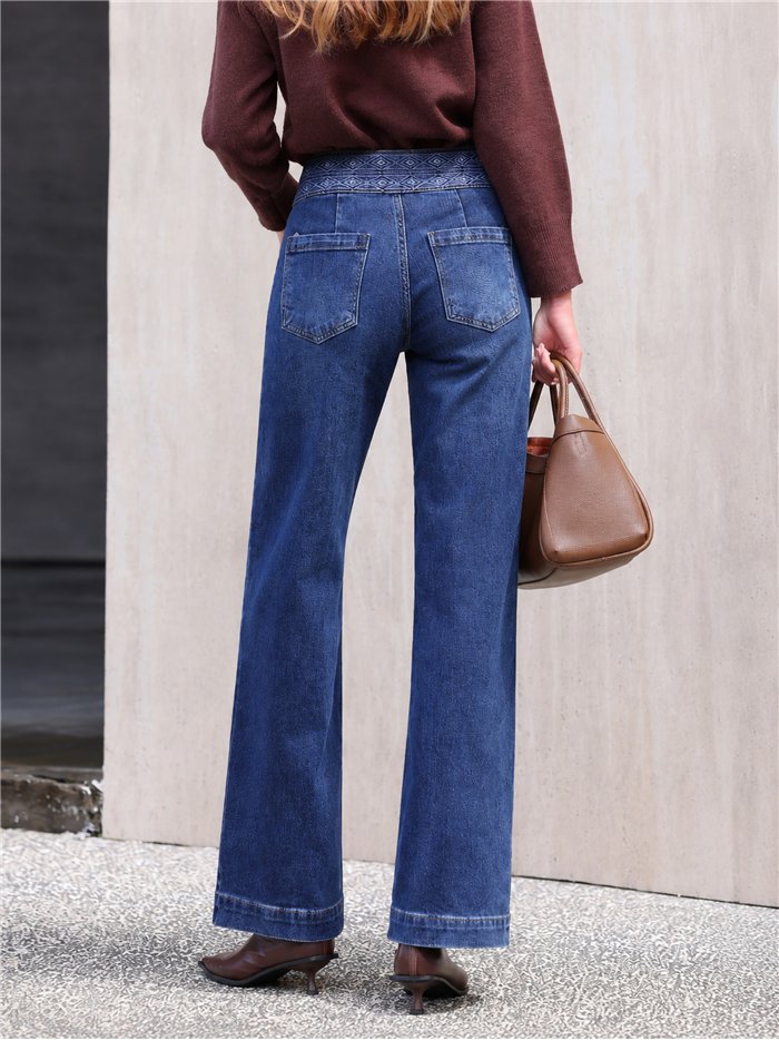 Wide leg jeans with embroidered waistband
