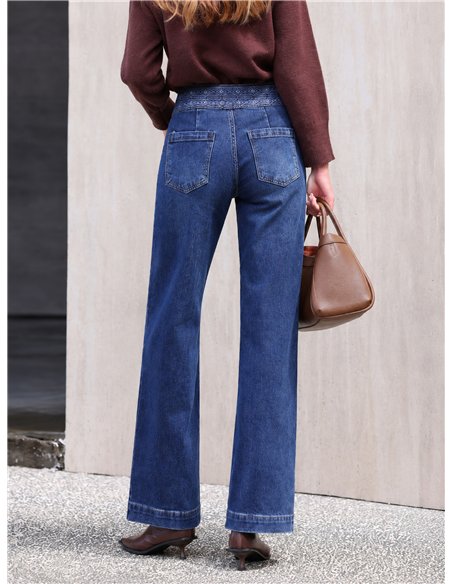 Wide leg jeans with embroidered waistband