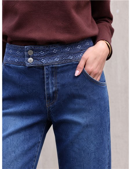 Wide leg jeans with embroidered waistband
