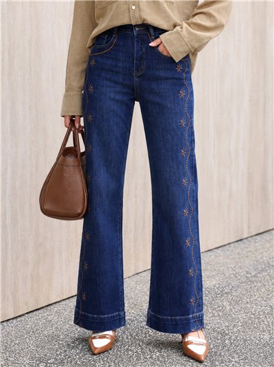 Jean à jambes larges avec broderie latérale