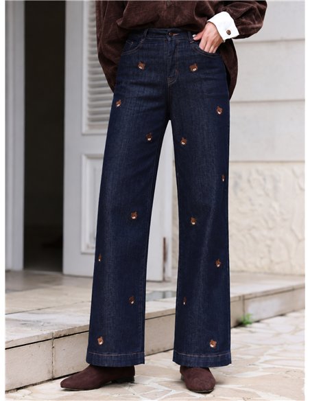 Jeans wide leg con bordados de ositos