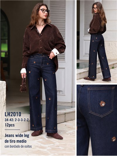 Jeans wide leg con bordados de ositos 2