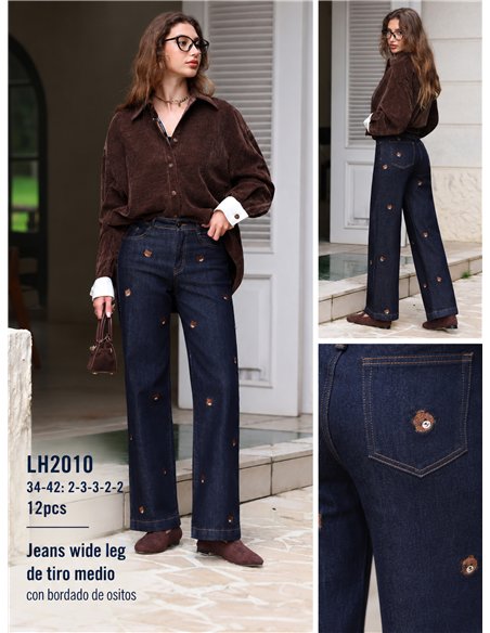 Jeans wide leg con bordados de ositos