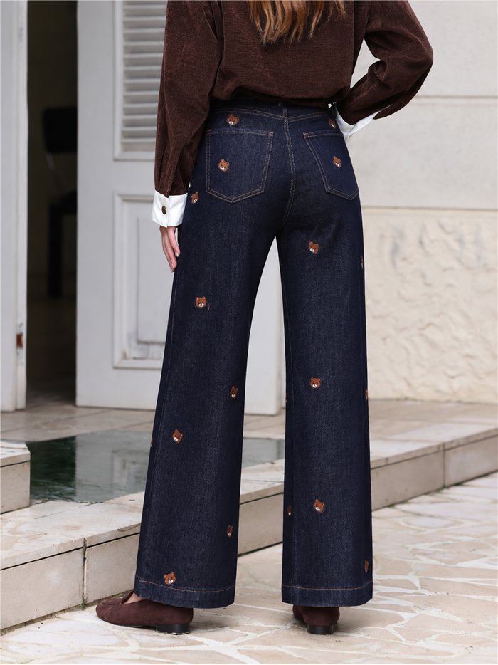 Jeans wide leg con bordados de ositos