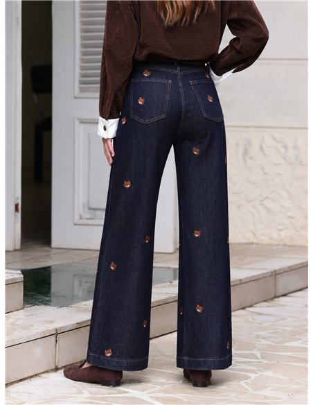 Jeans wide leg con bordados de ositos