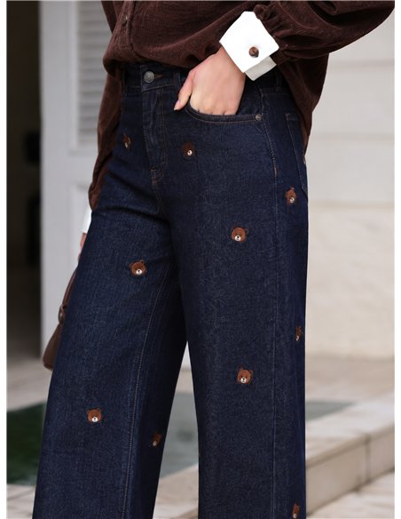 Jeans wide leg con bordados de ositos