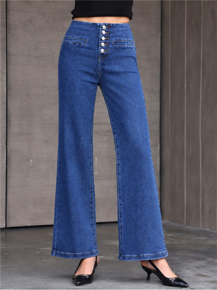 Jeans wide leg con botonadura alta
