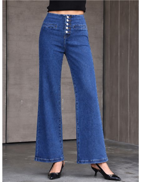 Jeans wide leg con botonadura alta