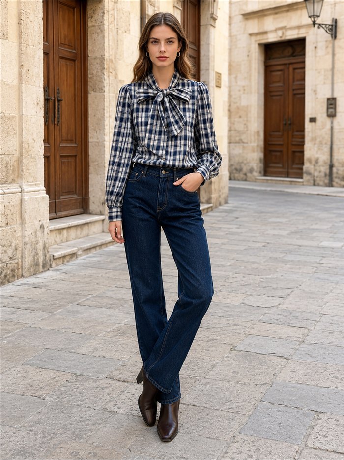 Blusa de cuadros con lazo grande