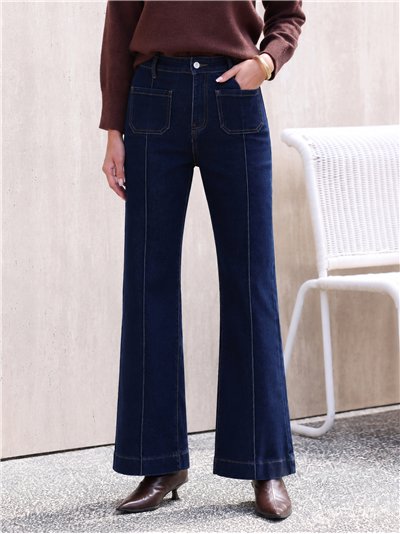 Jeans wide leg azul oscuro con costura delantera