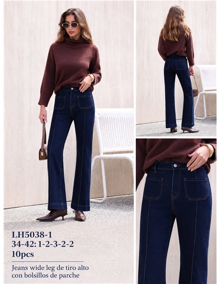 Jeans wide leg azul oscuro con costura delantera
