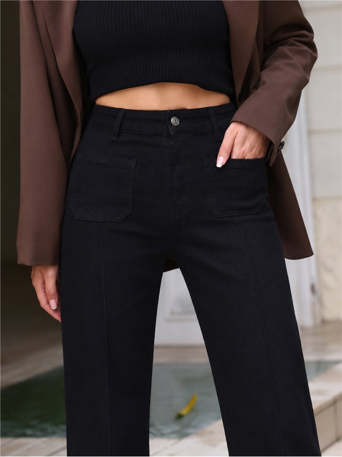 Jeans wide leg negro con costura delantera