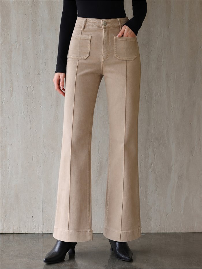 Jeans wide leg beige con costura delantera