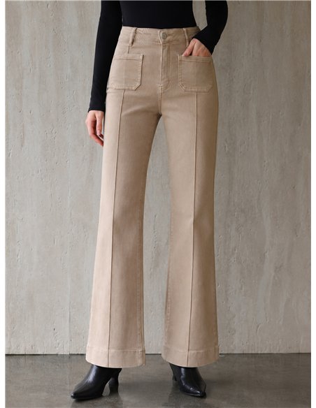 Jeans wide leg beige con costura delantera