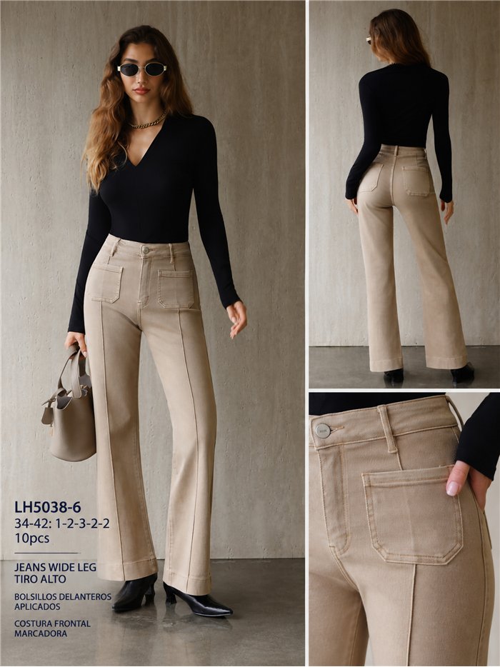 Jeans wide leg beige con costura delantera
